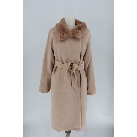 Max Mara Studio Women Size 6 Wool TanFur Collar Lined Angora Trench Coat